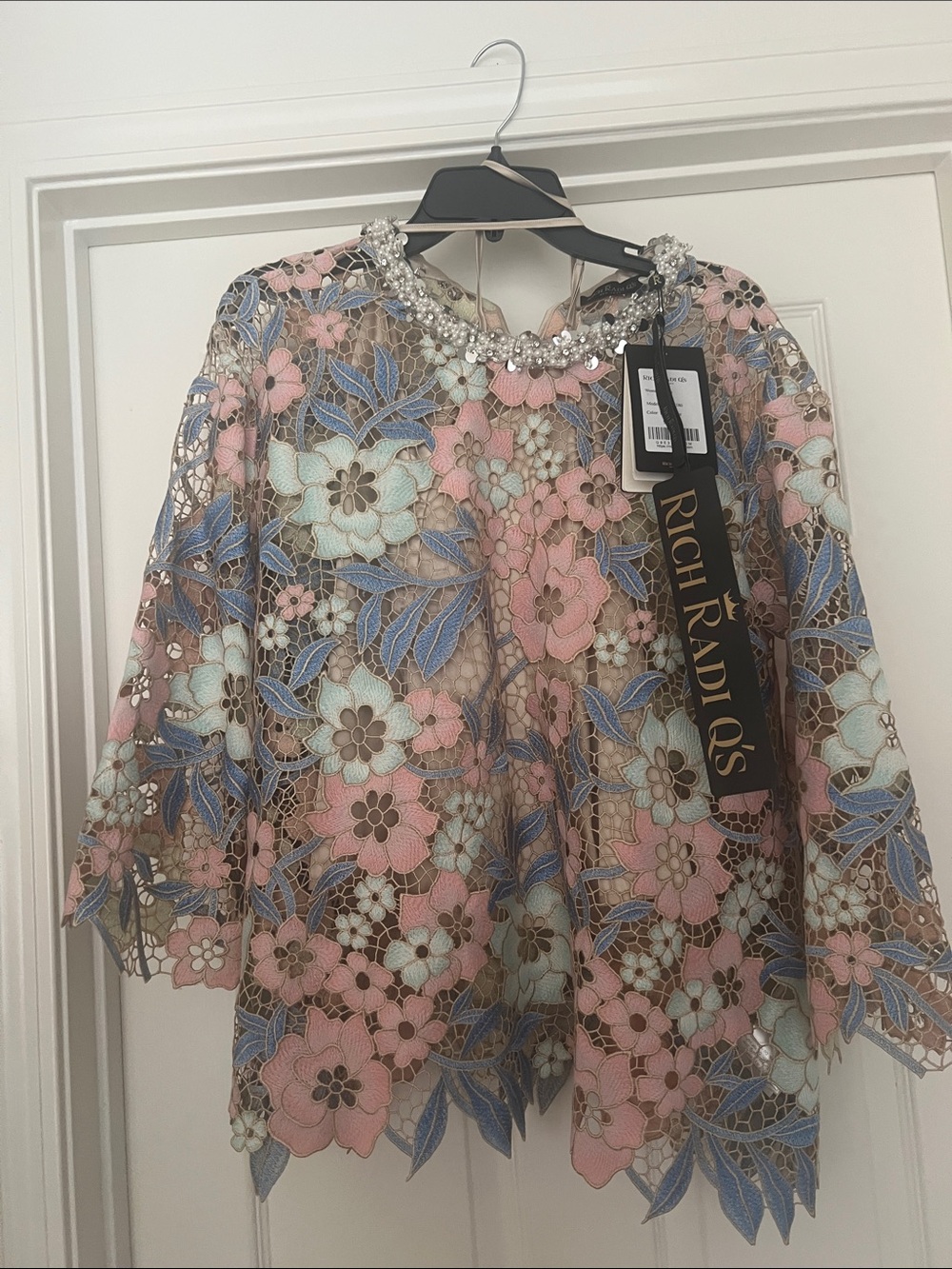 Floral Lace Embellished Pink & Blue Top NWT